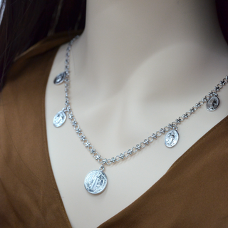 925 Italian Silver Necklace 17+13.6 Jesus pendant AB7 coin necklace 75CM