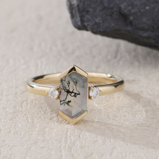Verdant Hex • Hexagon Cut Moss Agate Promise Ring